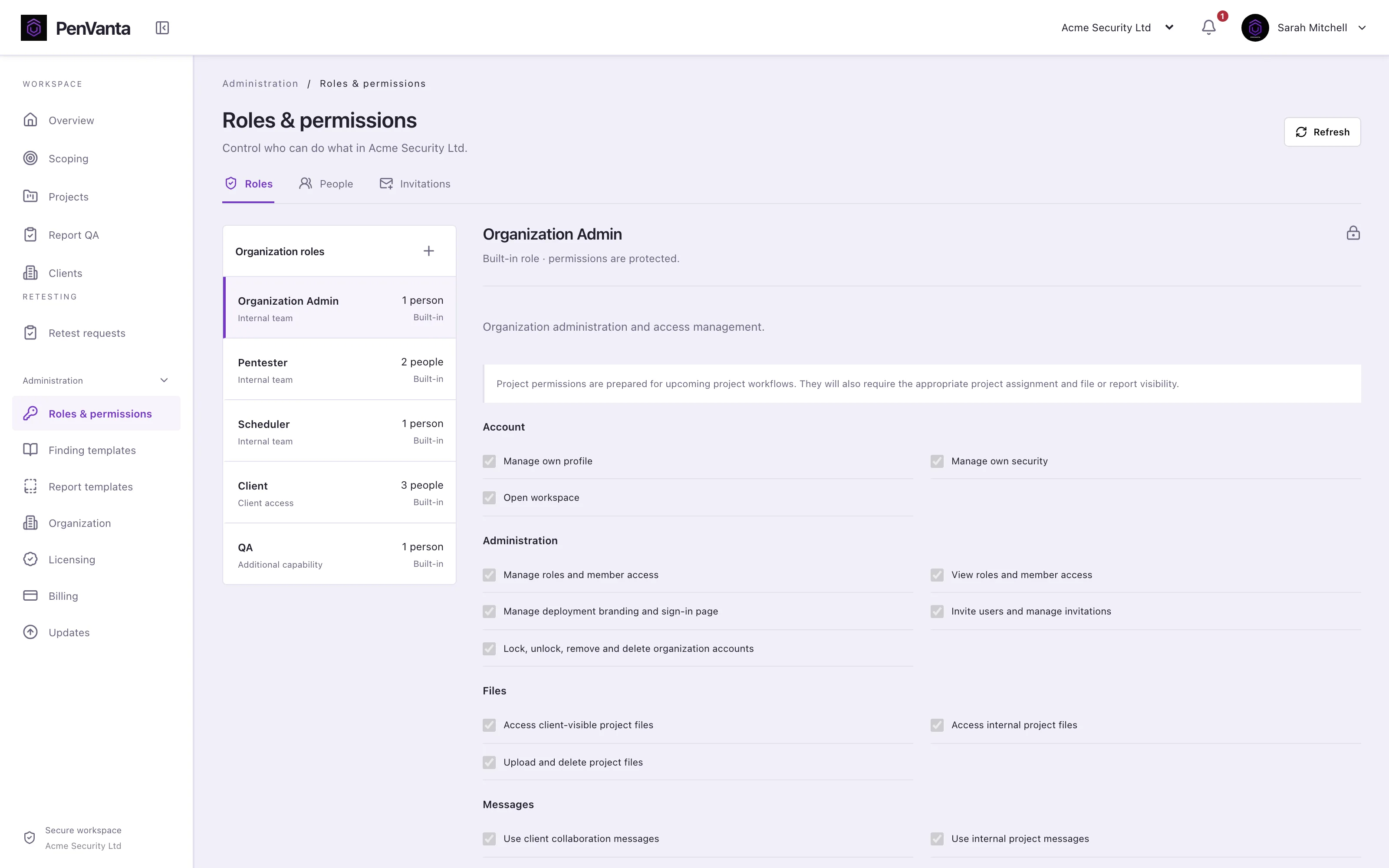 PenVanta roles and permissions administration