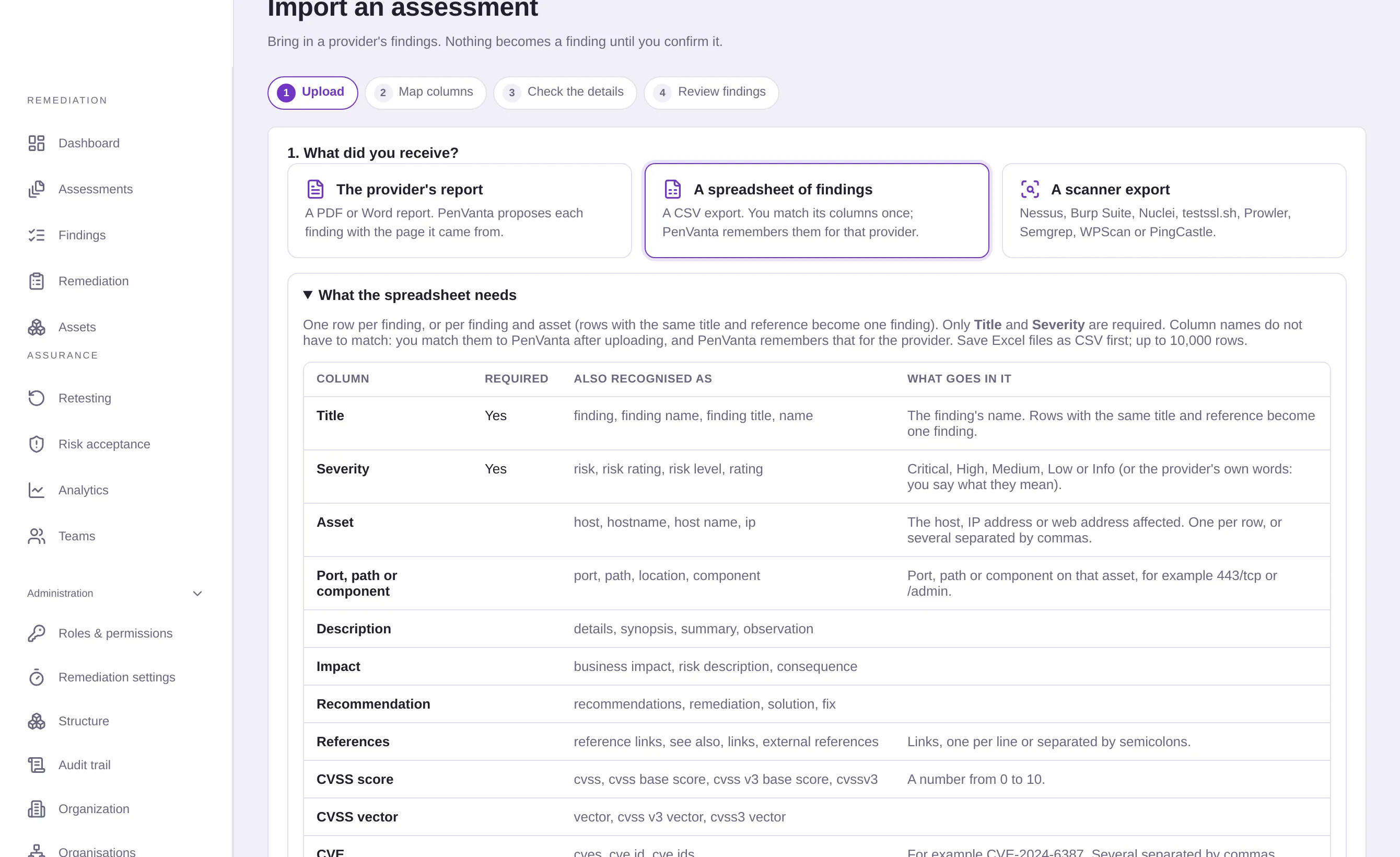 Importing an assessment: the three kinds of file, and the columns a spreadsheet of findings can have