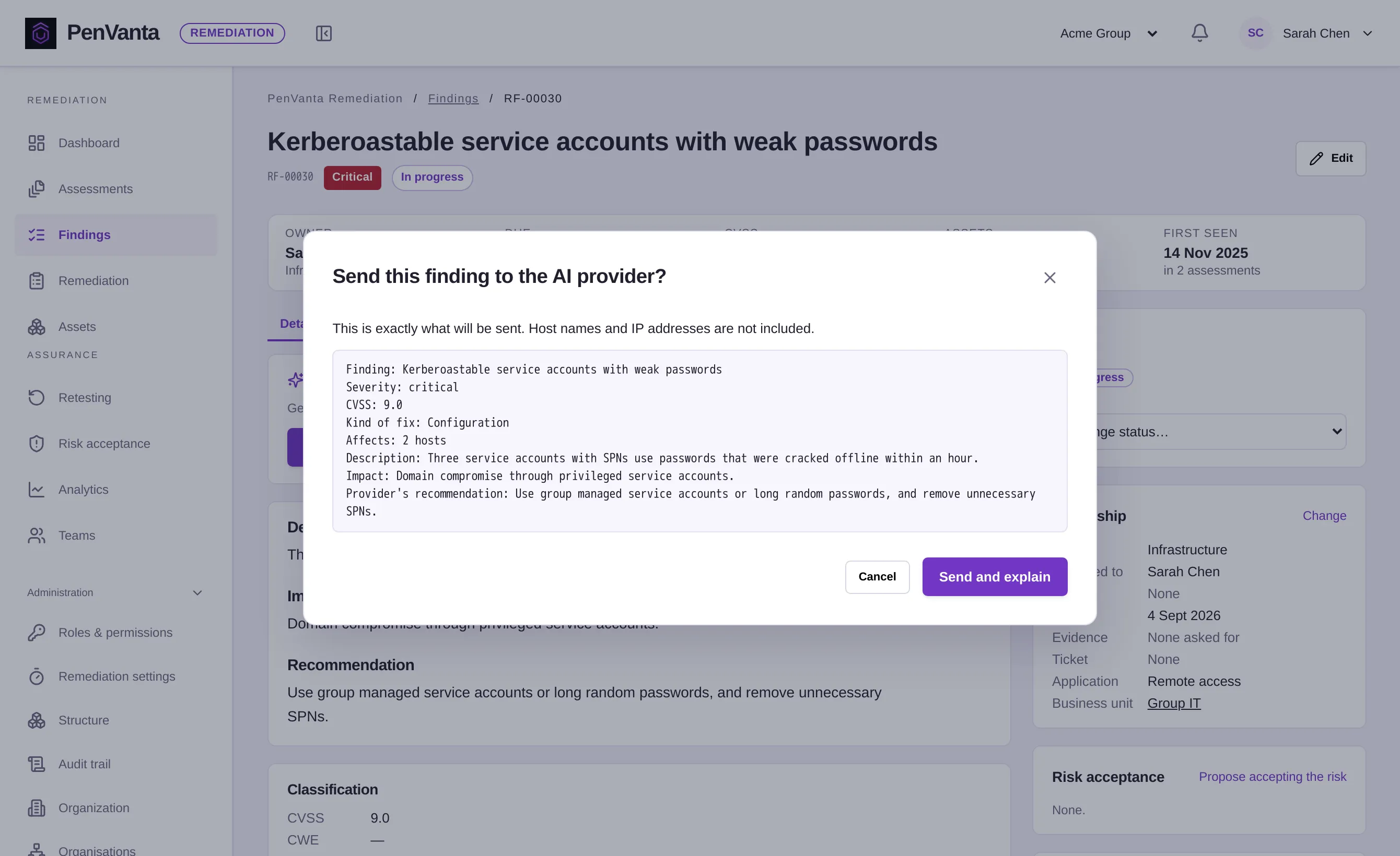 Before asking AI how to fix a finding: exactly what will be sent, without host names or IP addresses