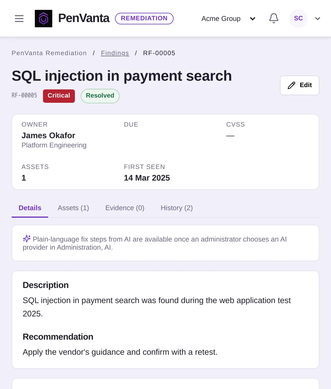 A resolved finding with its owner, team and first-seen date