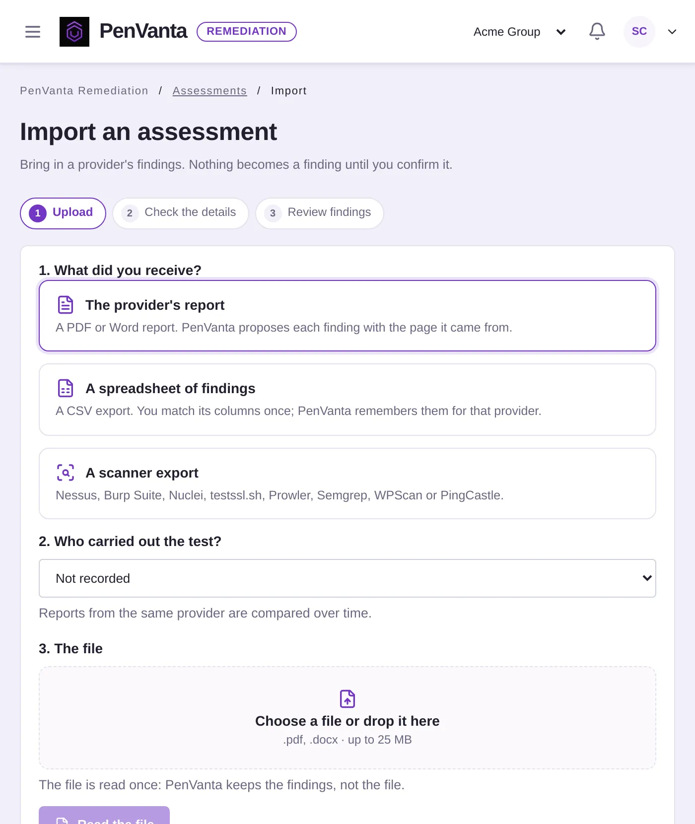 Importing an assessment: the provider's report, a spreadsheet of findings or a scanner export